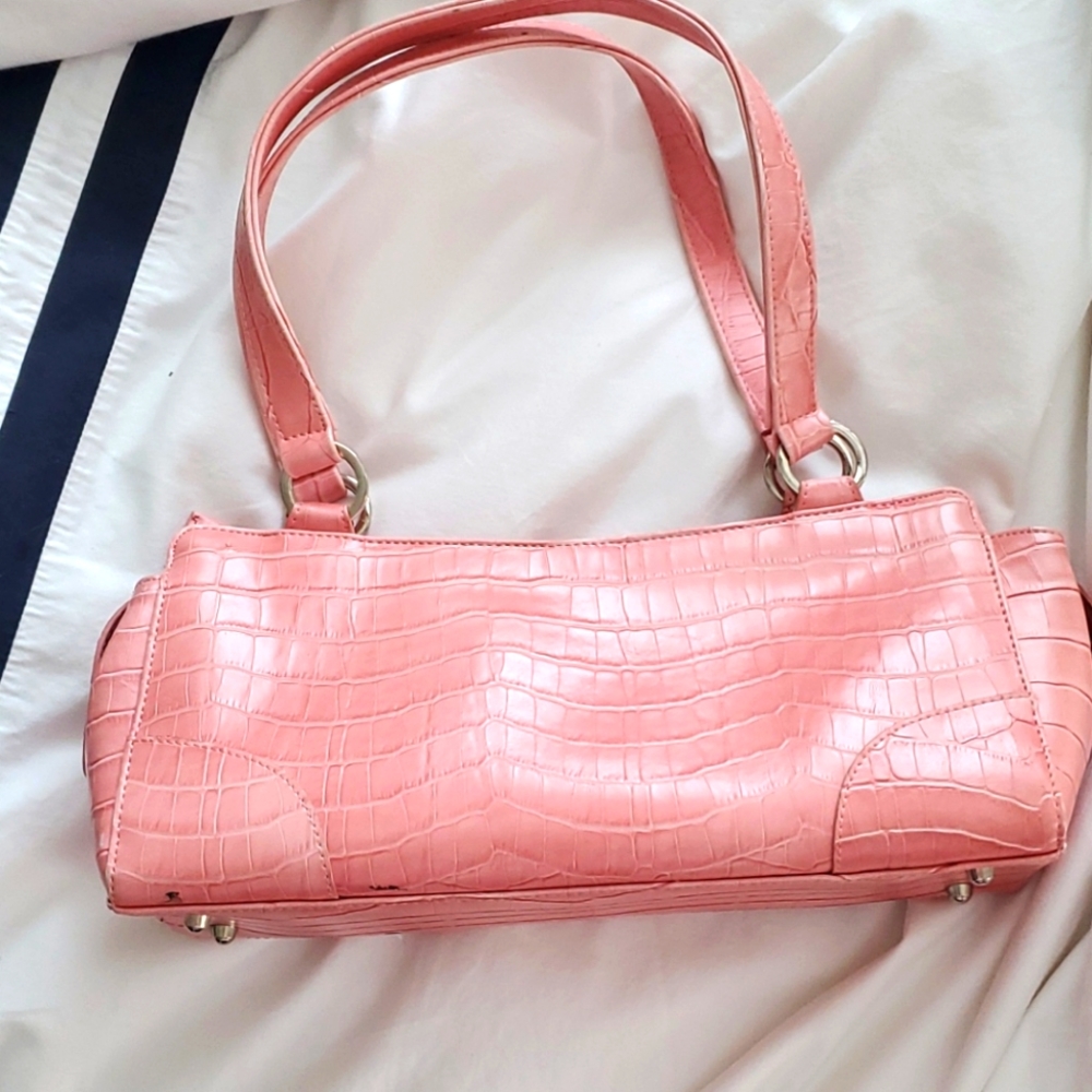 Pink handbag rectangular leather like crockadile